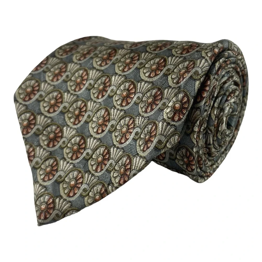 Ermenegildo Zegna Gray Tan Orange Medallion Pure Silk Tie 3.75 Inch Width